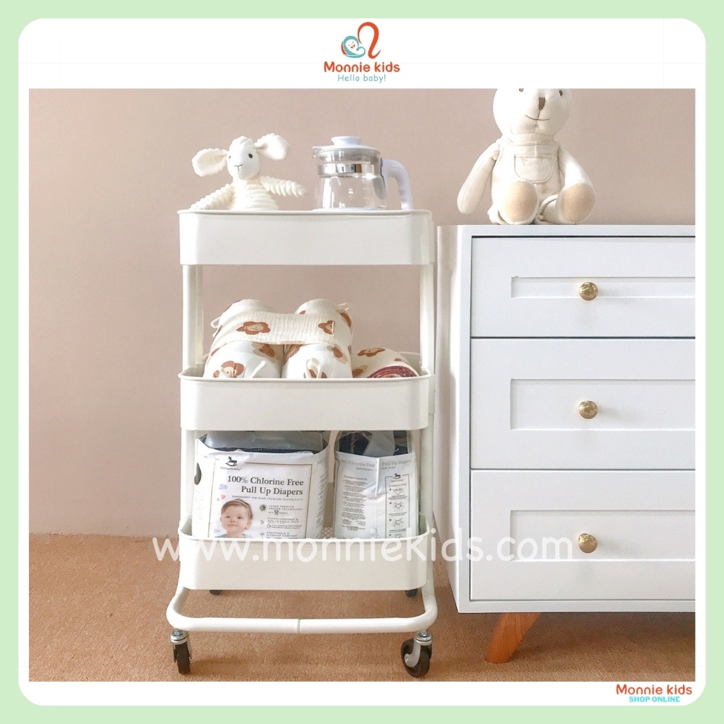 Kệ sắt đựng đồ cho bé Monmon 3 tầng 40x30x10, kệ sắt đa năng có bánh xe - Monnie Kids