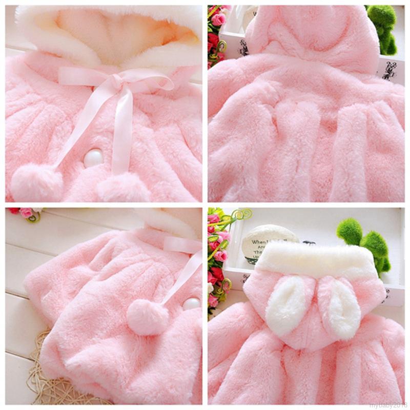 My Baby  Girl Imitation Rabbit Fur Ear Shawl Coat Hooded Cartoon Warm Thick Pink White Jacket