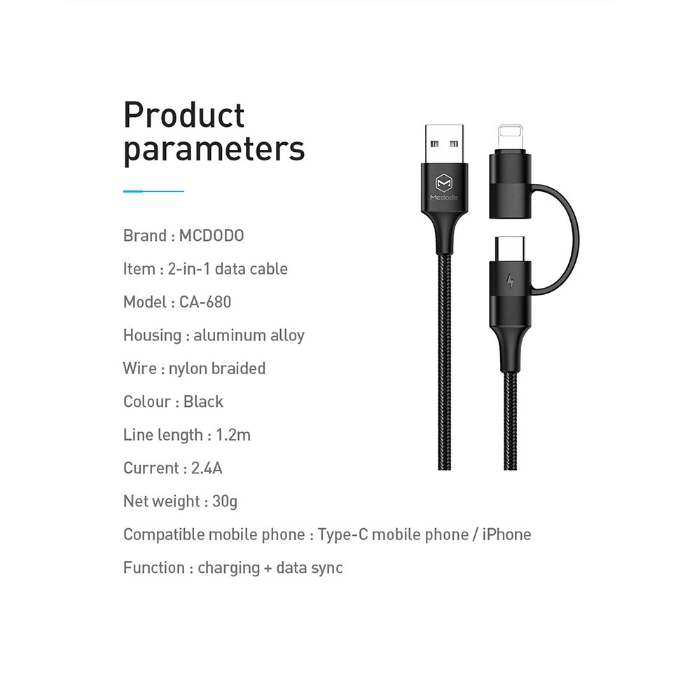 Dây cáp sạc nhanh Mcdodo USB 2 trong 1 Type-C/ Lightning dành cho iPhone Samsung Huawei Xiaomi