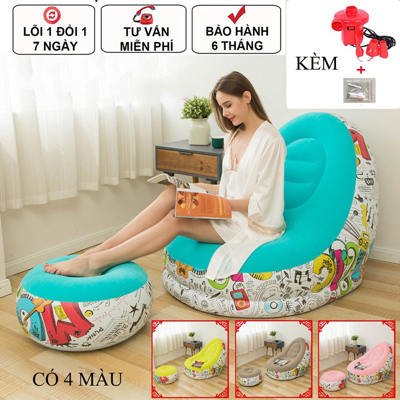Ghế hơi tựa lưng bọc nhung kèm ghế gác - Sofa hơi bộ 2 ghế kèm bơm điện