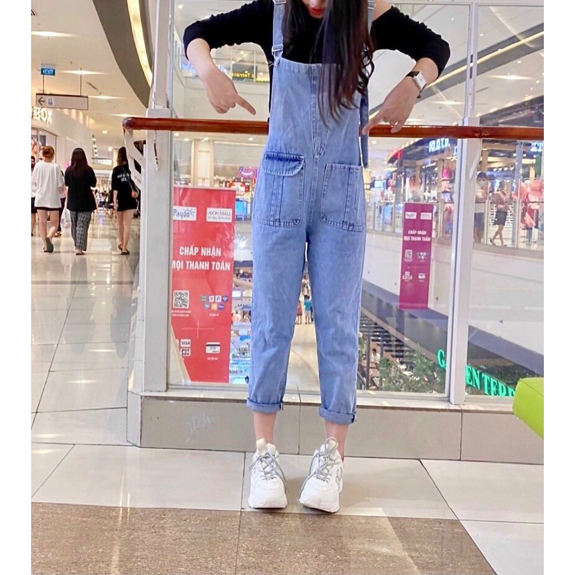 yếm jean ngố hai dây cổ vuông phối hai túi thời trang cá tính m4353