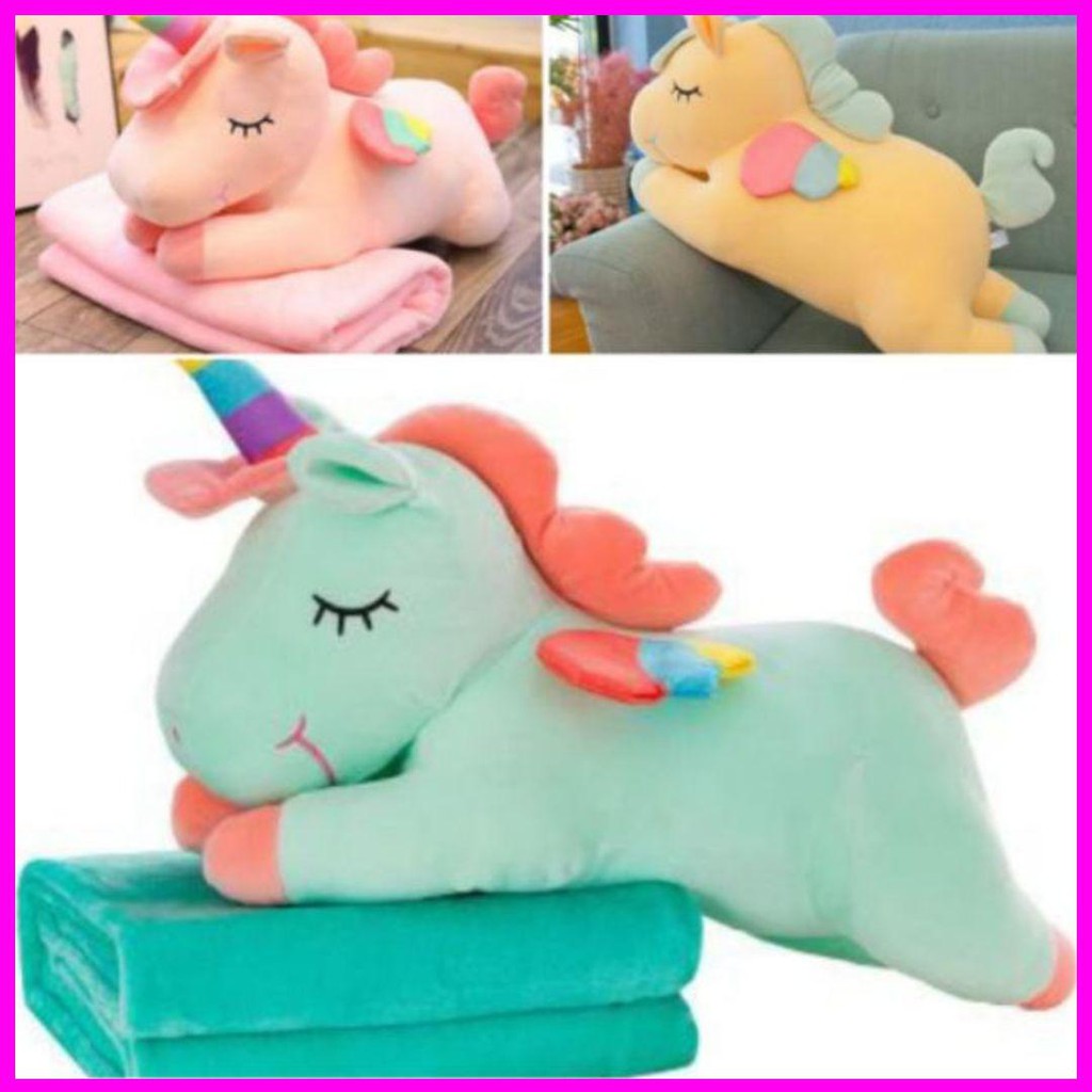 Bộ chăn gối văn phòng hình ngựa pony, chăn gối gâu bông hình thú nhồi bông cho bé