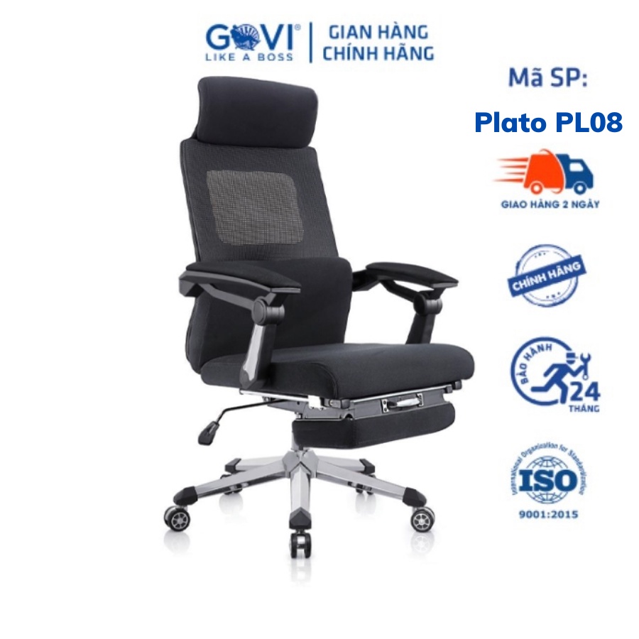 Ghế công thái học GOVI Ergonomic Plato PL08 - Thiết kế tựa đầu cố định, có gác chân, ngả lưng 90-180 độ