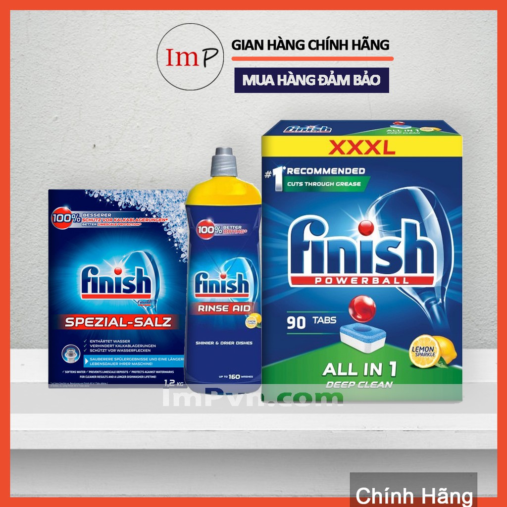 Combo Viên rửa bát Finish Hộp All in one 100 viên, Muối 1.2kg, Nước làm bóng 800ml