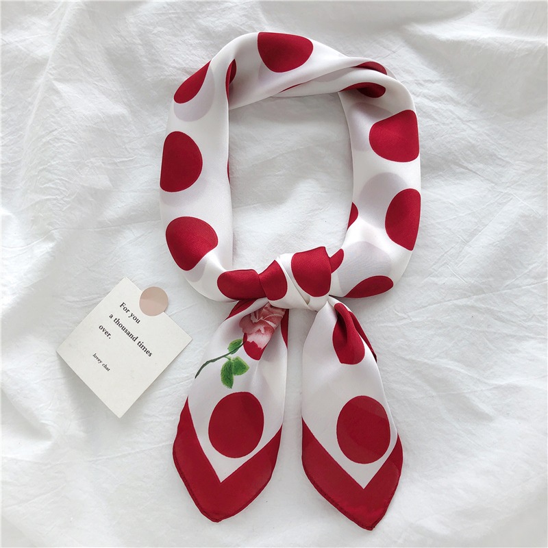 [Spring and summer new] green polka dot flower small scarf spring and autumn imitation real silk solid color hair band tie ribbon professional decoration scarf for women