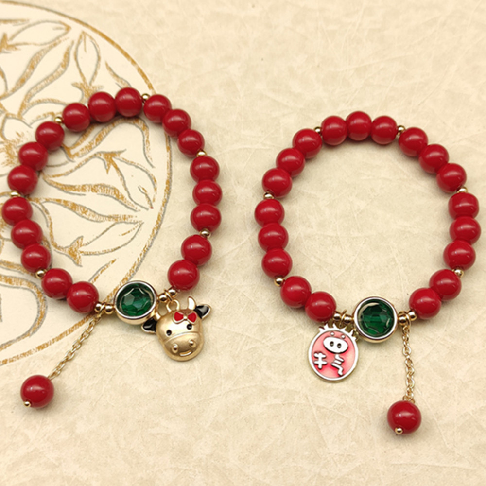 Glass Crystal Lucky Bag Red Bead Bracelet Cute Cattle Pendant Adjustable Fashion Accessories Women