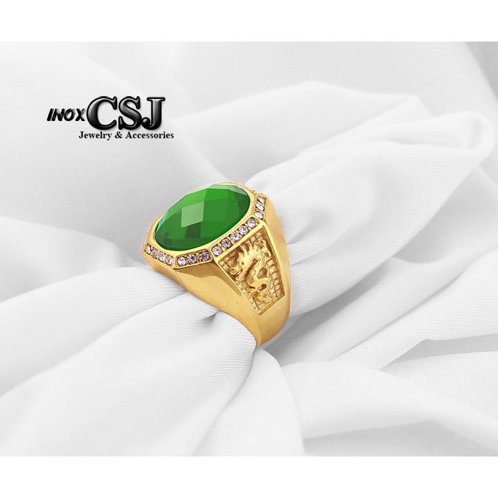 NHẪN NAM INOX MẠ VÀNG 2 BÊN CON RỒNG ĐÁ XANH LÁ siêu đẹp - tặng hộp đựng xinh xắn