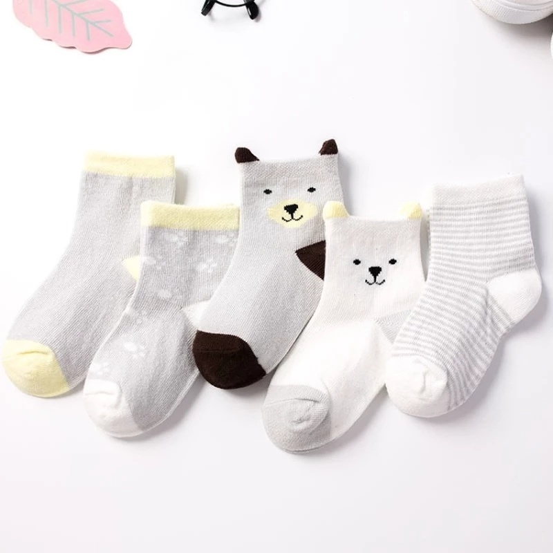 Bộ 5 Đôi Vớ Cotton Dệt Kim Họa Tiết Sọc In Hình Thú Cho Bé Sơ Sinh 0-6 Tuổi