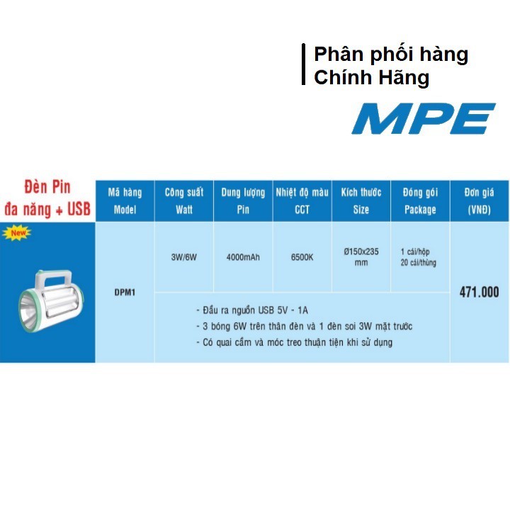 [ THÔNG DỤNG] Đèn Pin Đa Năng + USB MPE DPM1 NEW 3 Bóng 6W Trên Thân Đèn Và 1 Đèn Soi 3W Mặt Trước - HIBUVTAUTO