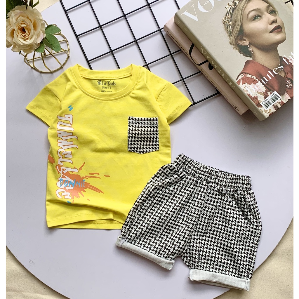 Set đồ bộ bé trai Áo thun cotton 100% co giản 4 chiều quần lửng thun cotton họa tiết caro cho bé 8-36kg