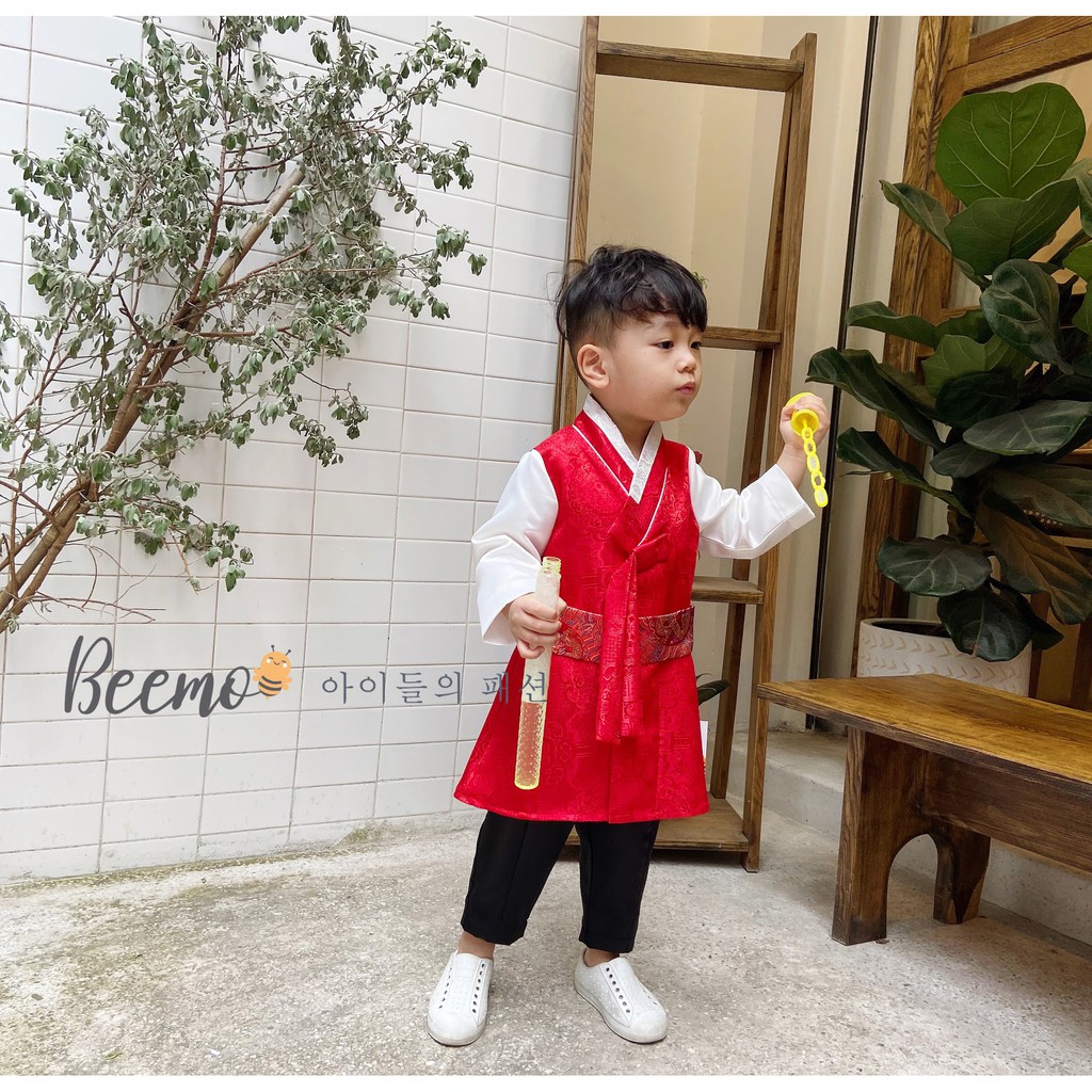 ÁO DÀI HANBOK CÁCH TÂN CHO BÉ TRAI - GÁI BEEMO, Chất liệu gấm Hàn phối chân váy tơ ( nữ ) hoặc quần tơ óng ( nam ) B041