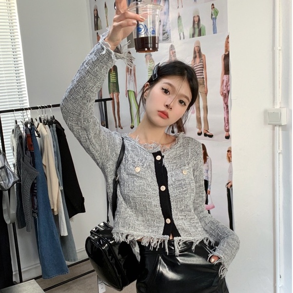 QKOOLE Áo khoác dệt kim tay dài cổ tròn phong cách Hàn Quốc cho nữ