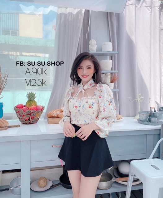 Áo kiểu voan hoa kèm chocker cổ Hình thật trải sàn 100%