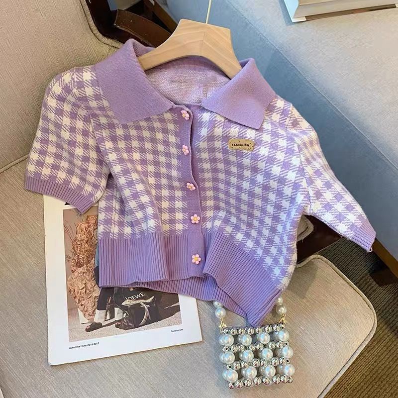 Áo Sweater Ngắn Tay Họa Tiết Sọc Caro Phong Cách Hàn Quốc Thời Trang Mùa Hè Cho Nữ