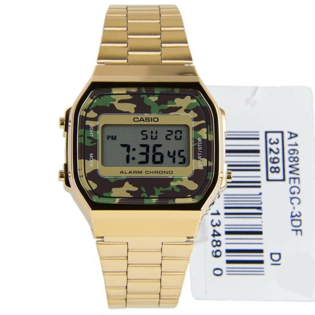 Đồng Hồ Nam Casio A168WEGC-3 Dây Kim Loại Mạ Vàng - Viền Mặt Xanh Quân Đội chống nướ