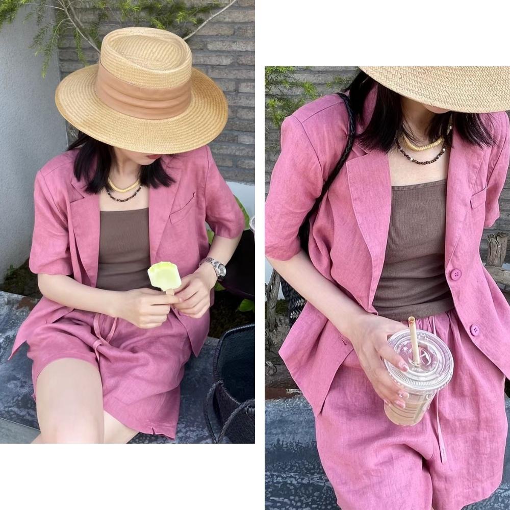 Set đồ nữ vải đũi linen gồm áo khoác vest ngắn croptop thiết kế và quần short đùi lưng chun ống rộng có bigsize 80kg