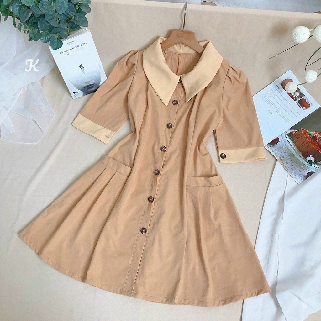 Đầm Chữ A Cổ Sen Cài Nút Nữ Tính Màu Nâu Nhạt Chít Eo Mặc Đi Làm, Đi Tiệc Cực Xinh Thời Trang Nữ Minh Phúc