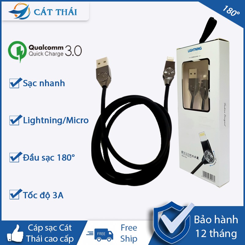 Cáp sạc 2 đầu có thể xoay 180 độ hỗ trợ sạc nhanh 3A chất liệu TPE dài 1m2 đầu sạc Mirco/Lightning thích hợp cho các bạn