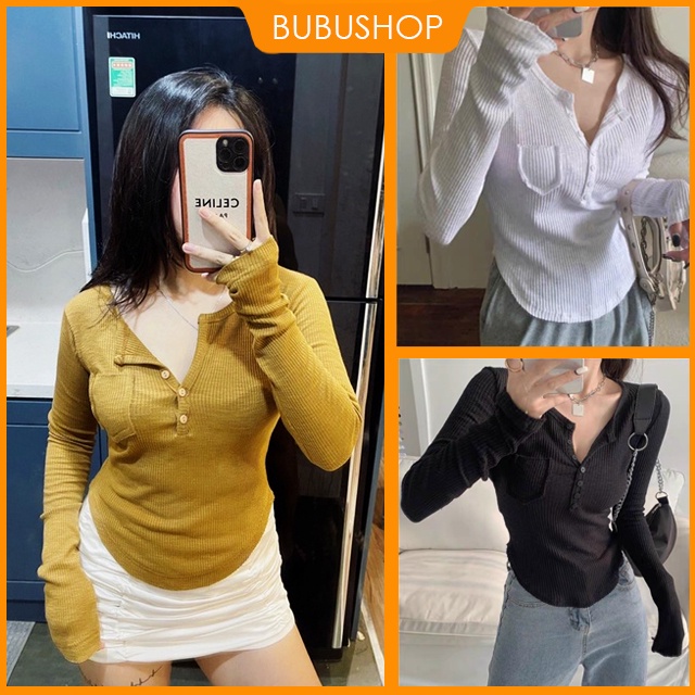 Áo thun ôm, Áo thun nữ dài tay túi ngực,  BUBUSHOP AD01