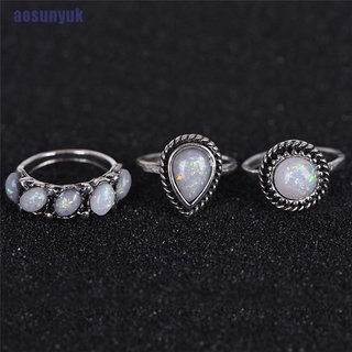 Set 8 nhẫn màu bạc khảm đá opal