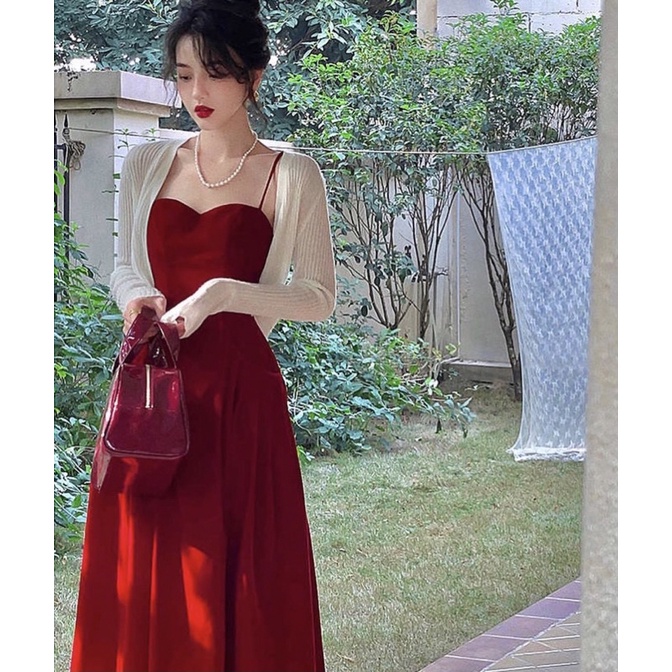 Set đầm ( có Bigsize) 2 dây đỏ chiết eo kèm khoác Suri