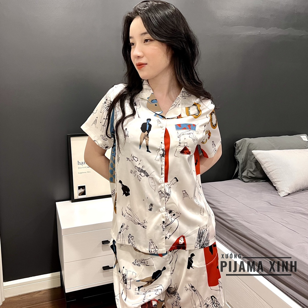 Đồ Bộ Nữ THIẾT KẾ Chất Lụa Latin Cao Cấp Quần Đùi Áo Cộc Họa Tiết Hình Người Xu Hướng