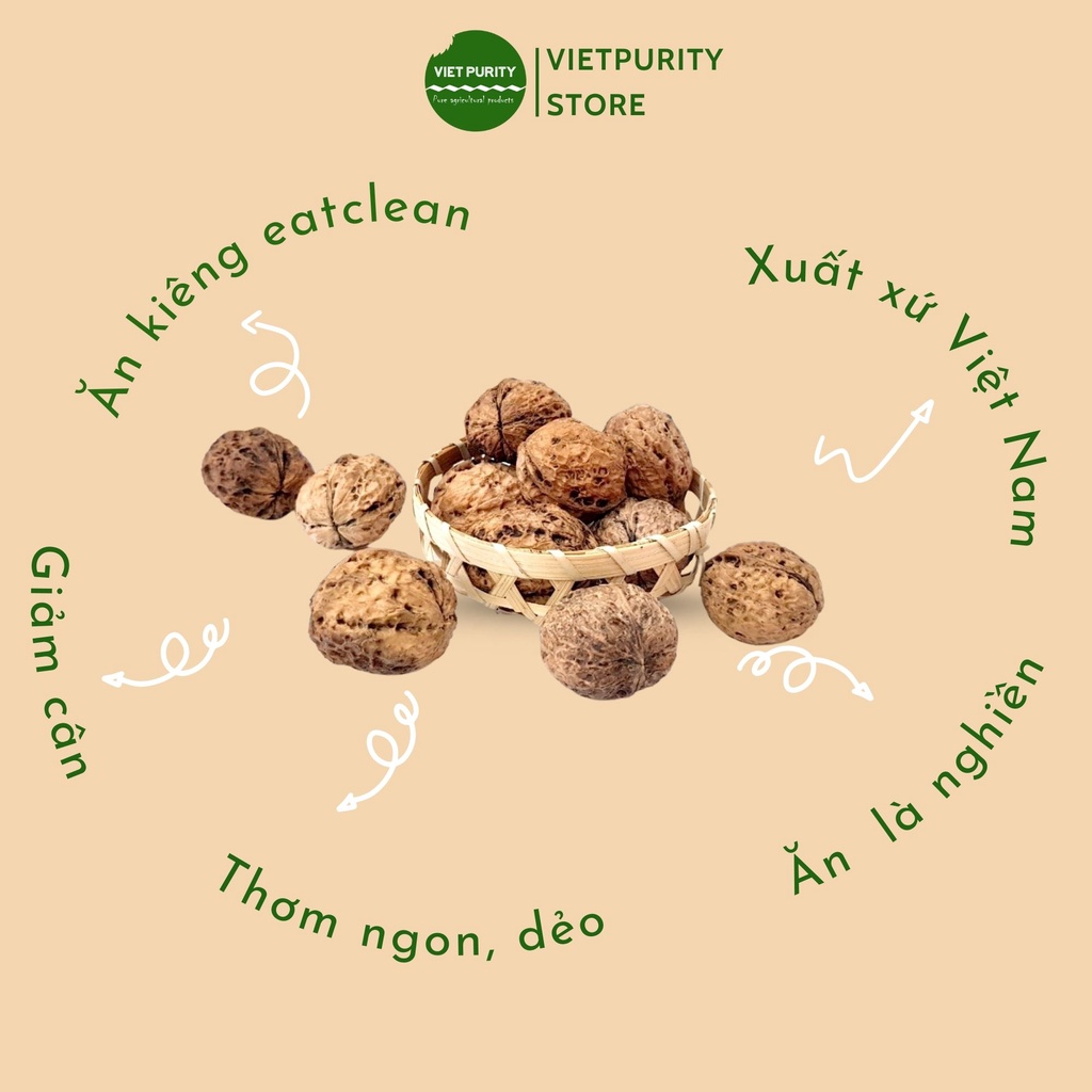 Hạt óc chó nếp nguyên vỏ sấy khô cho bà bầu hàm lượng dinh dưỡng cao thích hợp ăn thô healthy eatclean 500g Vietpurity