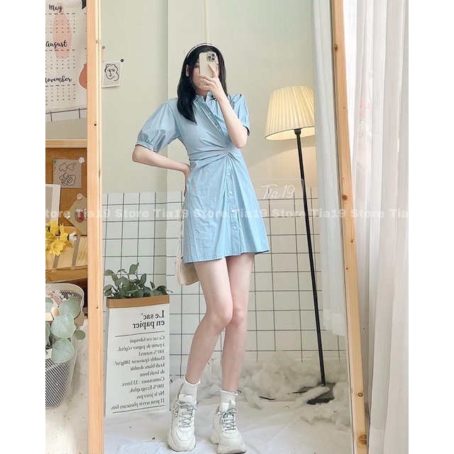 Váy sơmi cộc tay xoắn eo ulzzang Tia19. Đầm sơ mi dáng ngắn lệch eo