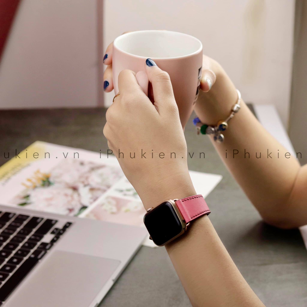 Dây Da Handmade [DA THẬT, BẢO HÀNH 1 NĂM] Swift Hồng Chỉ Đen cho Apple Watch Seris 1/2/3/4/5/6/7