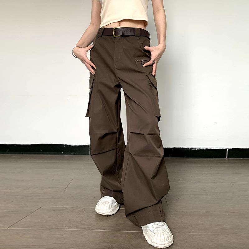 Quần Dài Lưng Cao Dáng Rộng Phối Túi Phong Cách Hồng Kông Cá Tính Cho Nữ