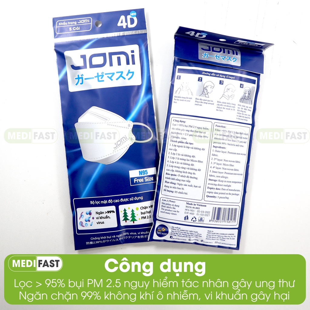 Khẩu trang 4D Jomi  Lọc khói bụi mịn với màng lọc Meltblown, kháng khuẩn tốt, dây co giãn túi 5 chiếc màu trắng
