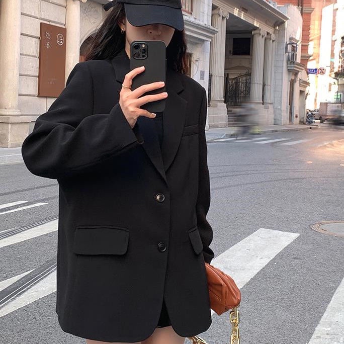 Áo khoác blazer dáng rộng quá cỡ màu đen phong cách Hàn Quốc thời trang xuân thu cao cấp dành cho nữ