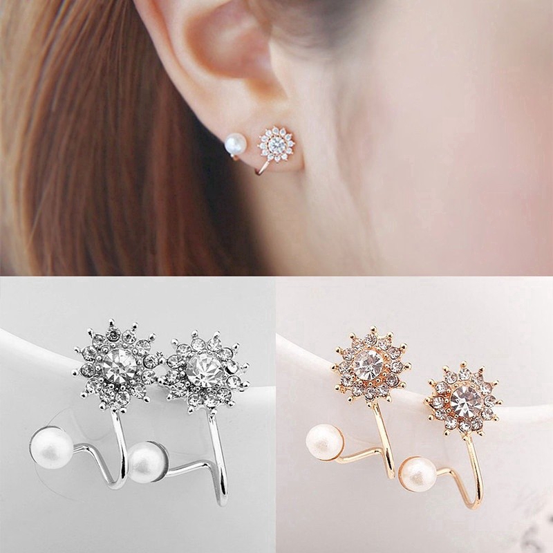 Exquisite Cute Full Diamond Snowflake Sweet Pearl Stud Earrings Girl Student