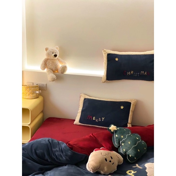 Bộ chăn ga gối nỉ nhung cao cấp Santa Claus Merry Christmas tặng kèm gối trang trí