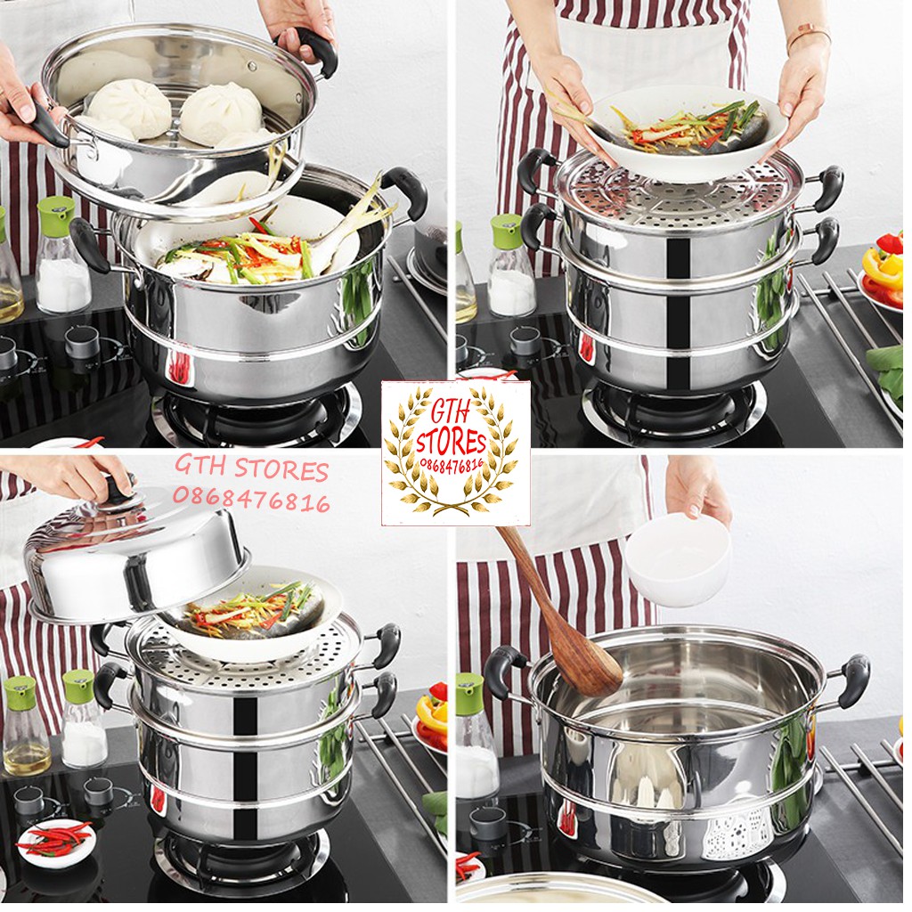 Nồi hấp inox 2 Tầng nắp kính  - 3 Tầng tiện lợi 2 vỉ hấp, Bằng Thép Không Gỉ - GTH MART