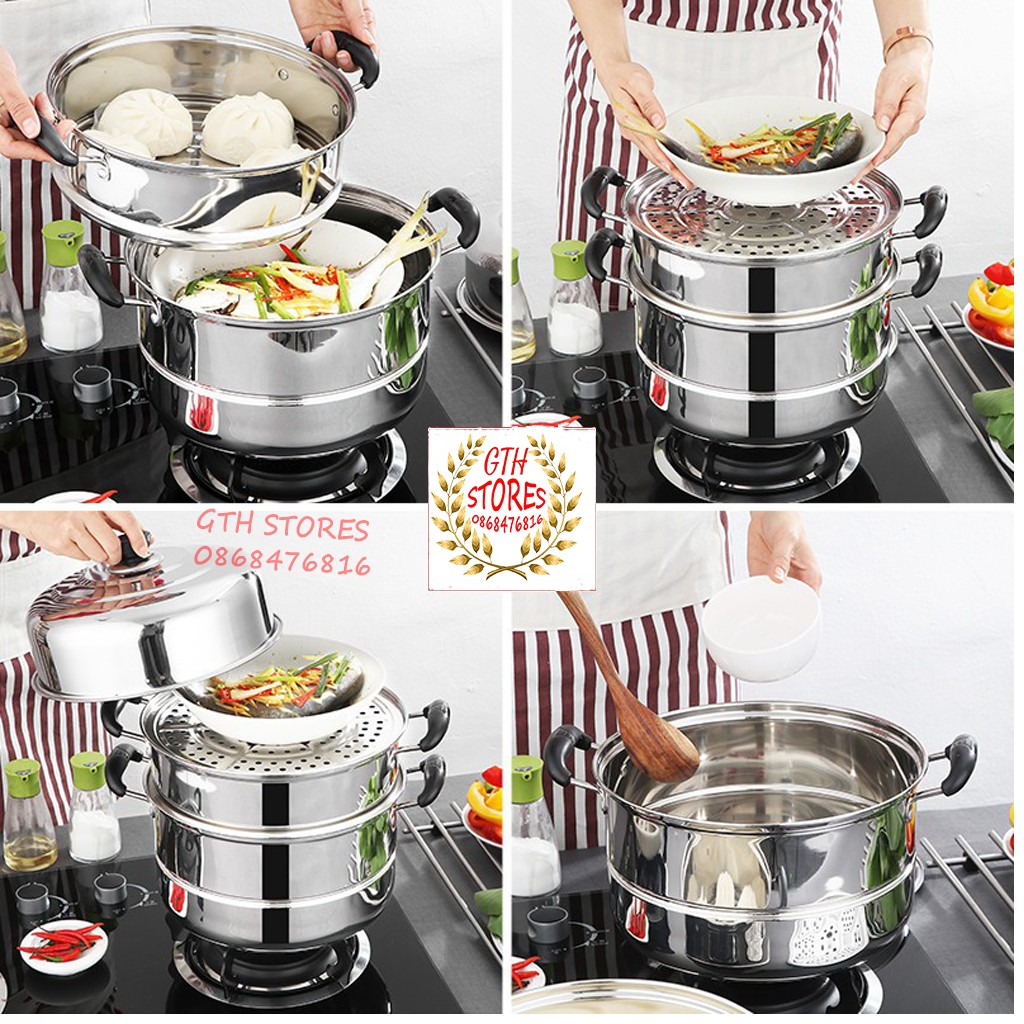 Nồi hấp inox 2 Tầng nắp kính size 28cm - 3 Tầng tiện lợi 2 vỉ hấp size 30cm, Bằng Thép Không Gỉ - GTH STORES