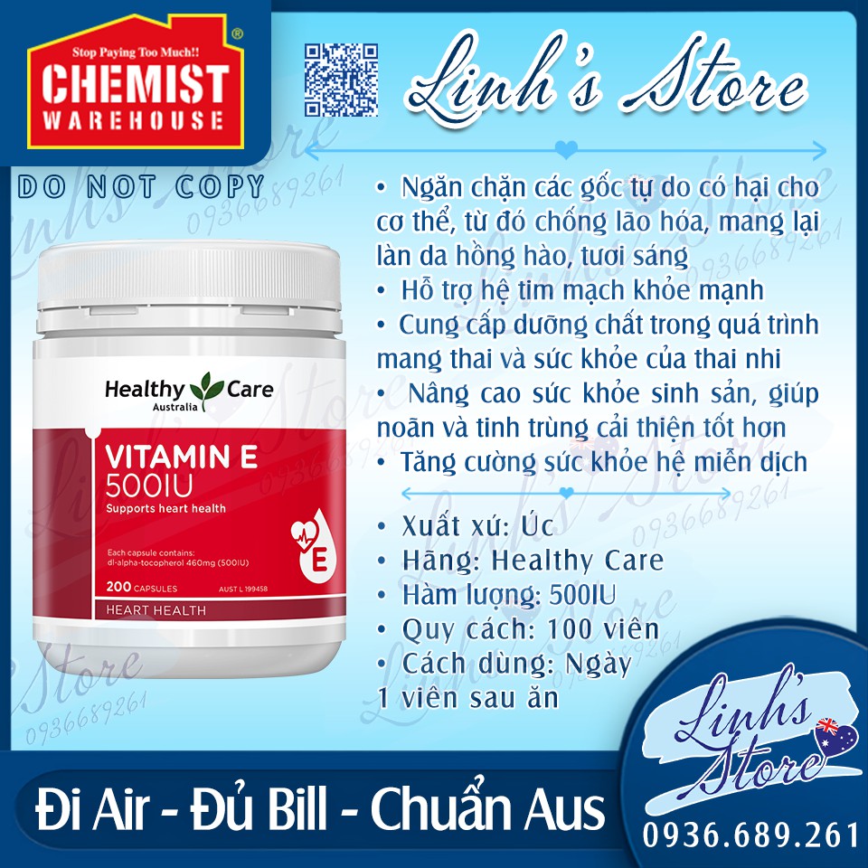 Healthy Care Vitamin E 500IU - 200 viên 💙 Chemist Warehouse - Úc