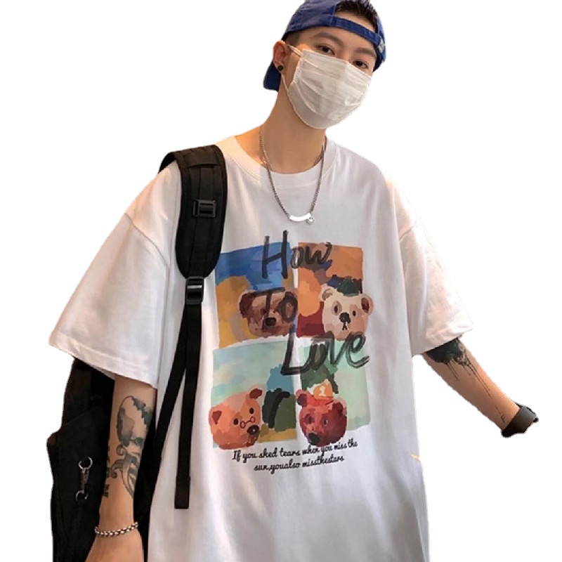 Áo Thun Tay Ngắn Dáng Rộng In Họa Tiết Hoạt Hình Chú Gấu Phong Cách Hip Hop Thời Trang Mùa Hè Cho Nam Và Nữ