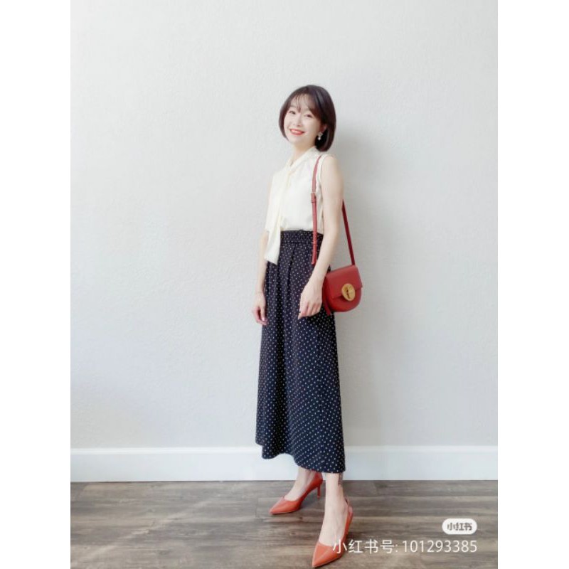 (UNIQLO Nhật chính hãng) NỮ- Chân váy midi chấm bi dáng dài Crape Jersey Skirt