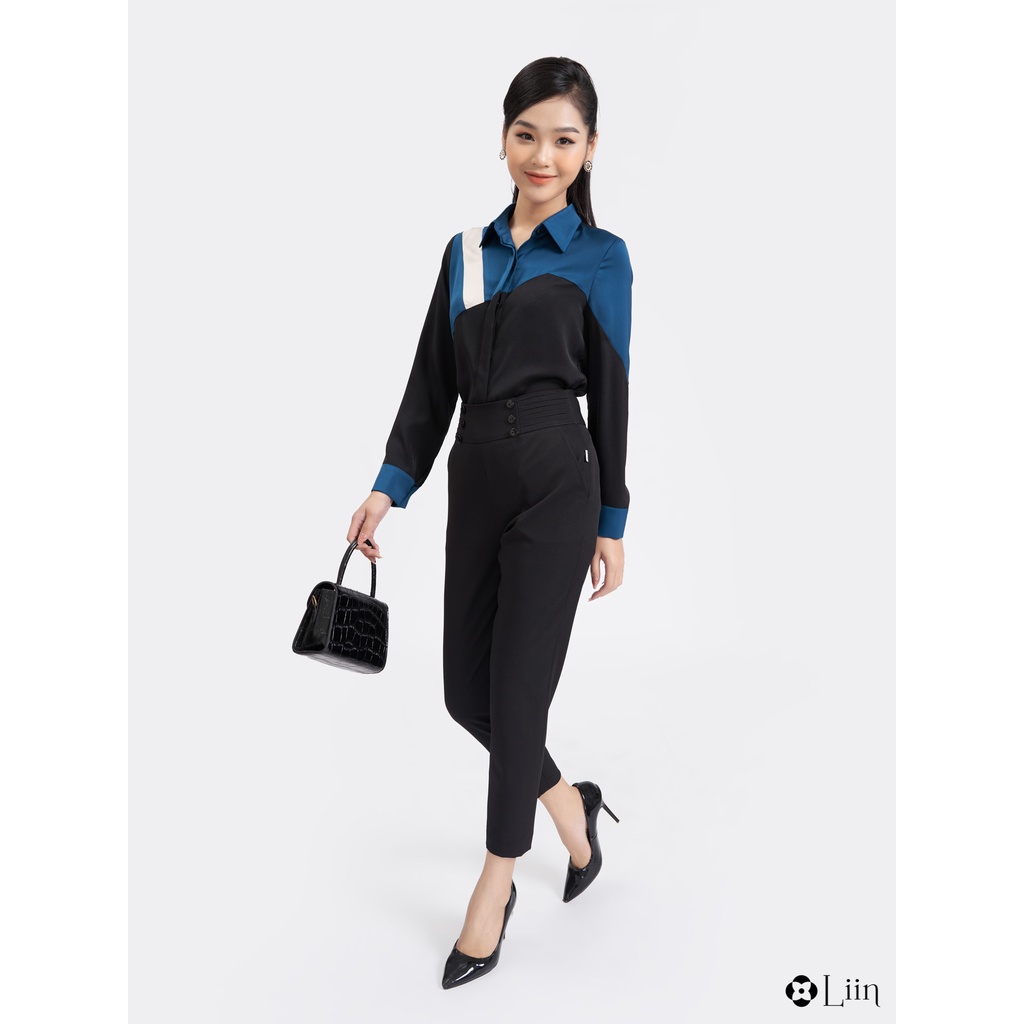 Quần baggy màu đen cạp cao viền cúc dáng công sở thanh lịch Liin Clothing Q3654