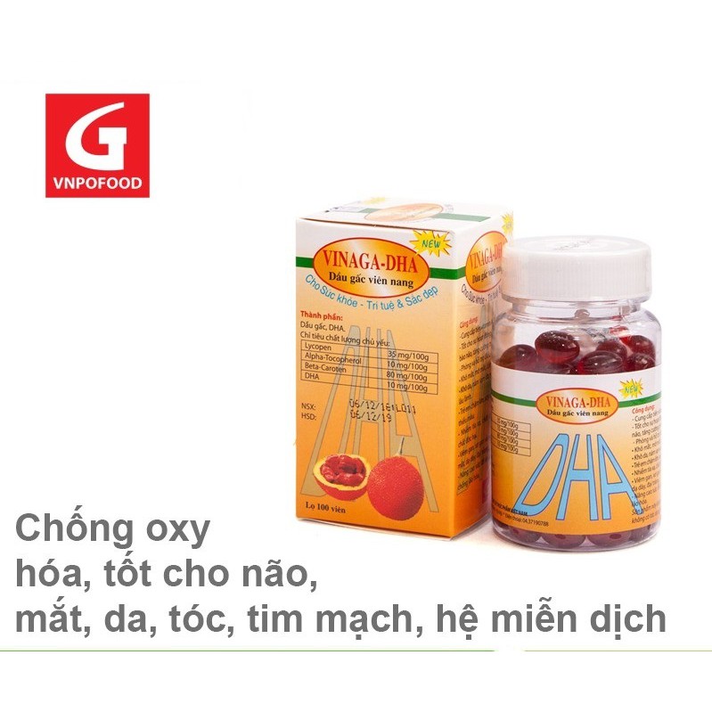 Dầu gấc Vinaga DHA - Sáng mắt, đẹp da, chống oxy hóa. Giúp trẻ ăn ngon, chóng lớn (Hộp 100 viên nang)