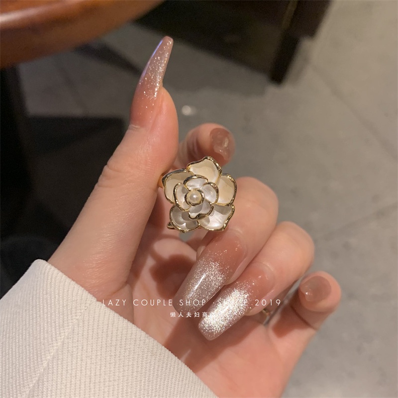 【kifli】Nhẫn hợp kim hình hoa trà đính ngọc trai giả xinh xắn đáng yêu