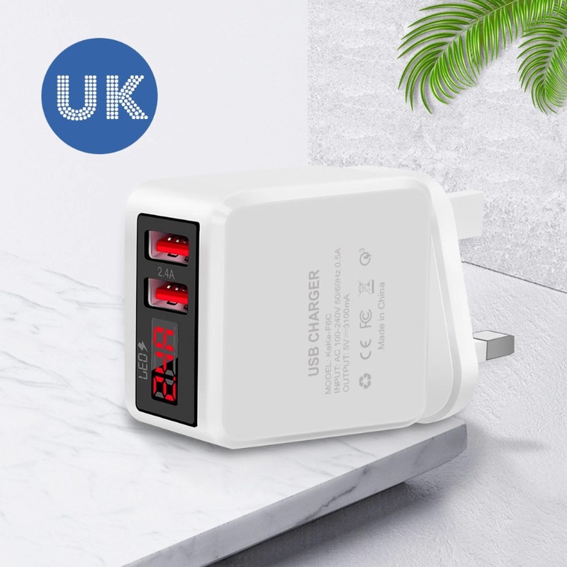 Củ sạc nhanh 2 cổng USB màn hình LED 2.4A EU/ US/ UK cho điện thoại