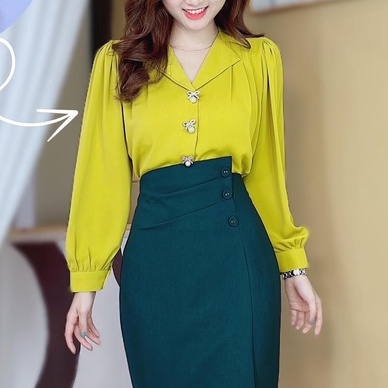 Áo sơ mi cổ vest vải lụa lạnh tay phồng vai xếp ly xinh xắn kiểu công sở CHUU A60033
