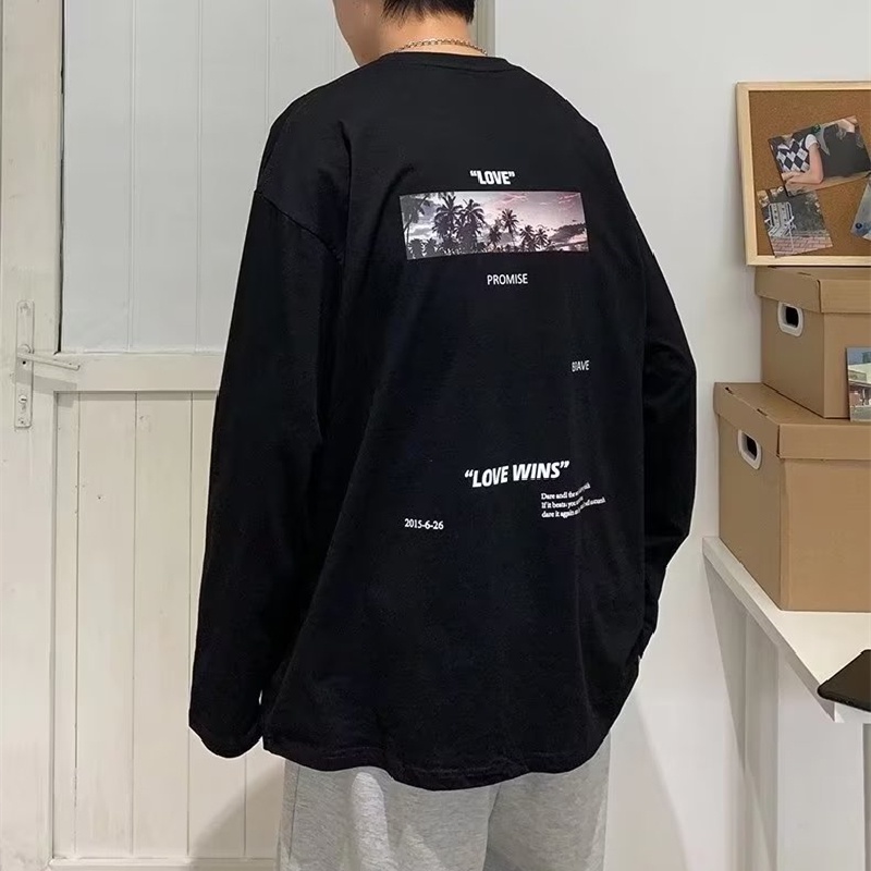 Áo Thun Tay Dài Cổ Tròn Dáng Rộng In Chữ Phong Cách Hip Hop Hàn Quốc Thời Trang Cho Nam Size M-5XL