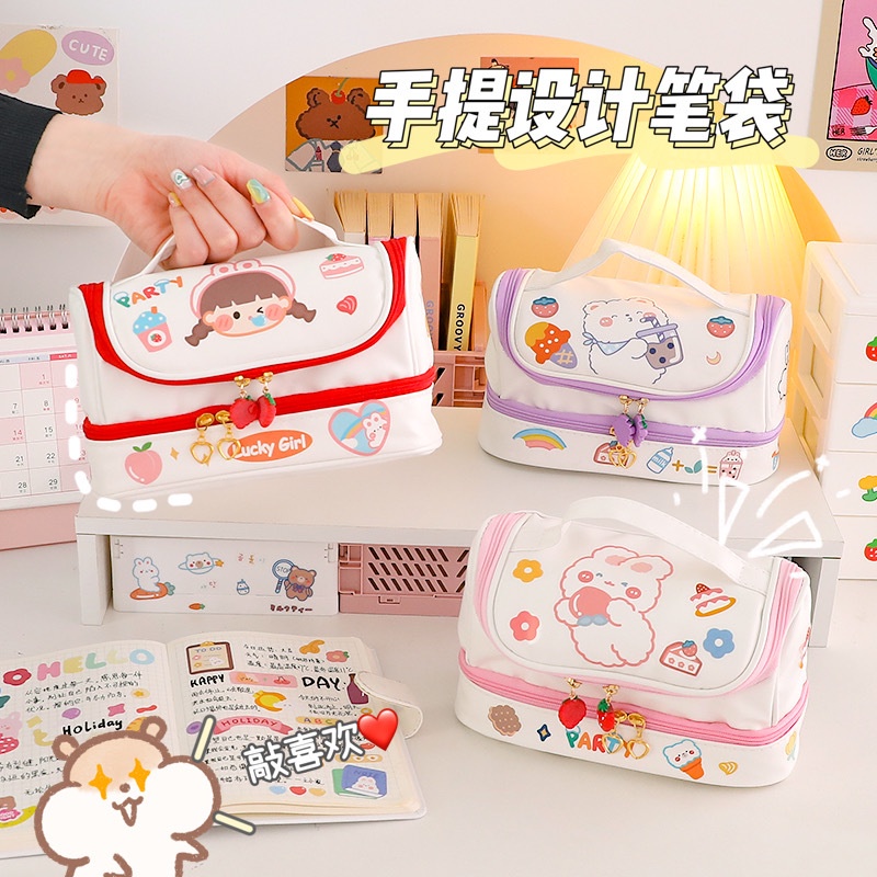 Hộp Đựng Bút / Mỹ Phẩm Hai Ngăn Sức Chứa Lớn Họa Tiết Hoạt Hình