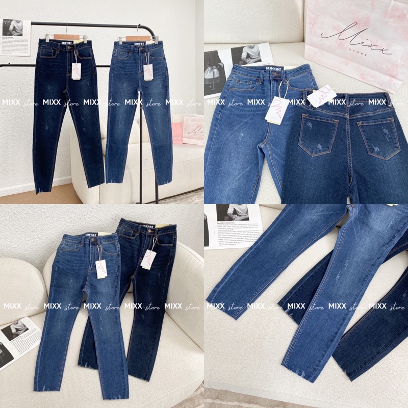 Quần jean nữ skinny lưng cao xước nhẹ chất co giãn siêu thoải mái phom 9 tấc chuẩn dáng