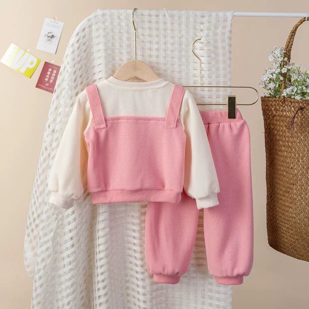 BỘ ÁO YẾM HỒNG THỎ DÀI TAY CHO BÉ