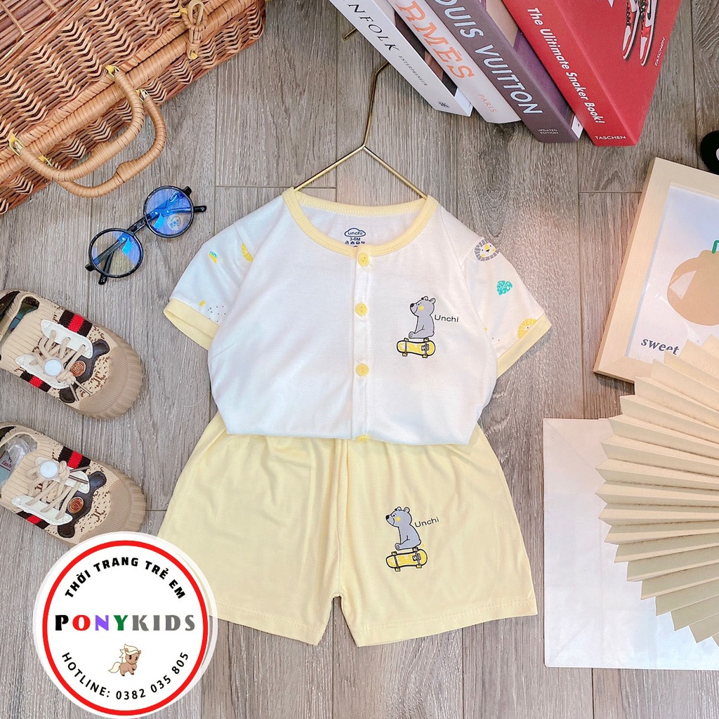 Bộ cộc tay cotton thun lạnh UNCHI cho bé trai bé gái cúc giữa thoáng mát mùa hè