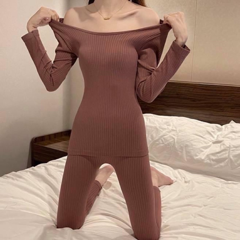 Set pyjama dài len dệt tăm gân thun co dãn áo cổ tròn ôm sát body - Order taobao quảng châu